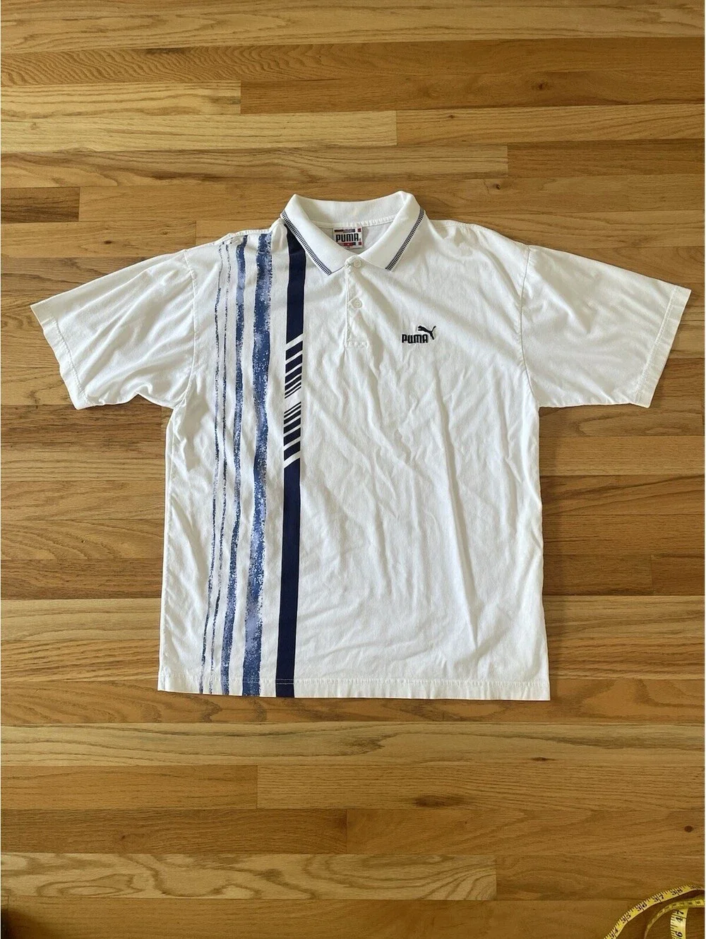 Puma 90S Tennis Polo Shirt Rare Size Large white W Blue Stripes